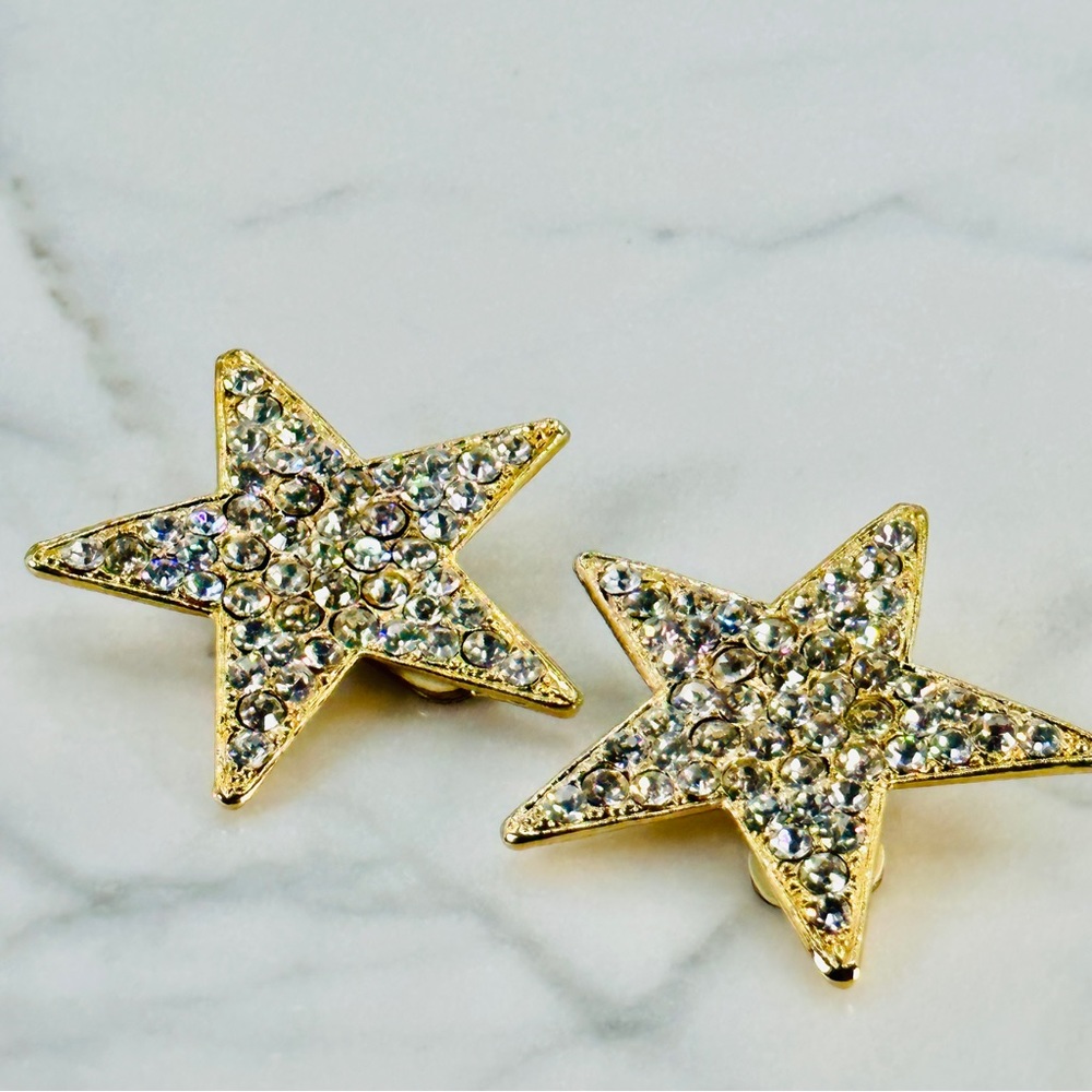Vintage Huge Rhinestone Star Earrings 80s Clip On Gold Bling Sparkle Cos… - Picture 2 of 10